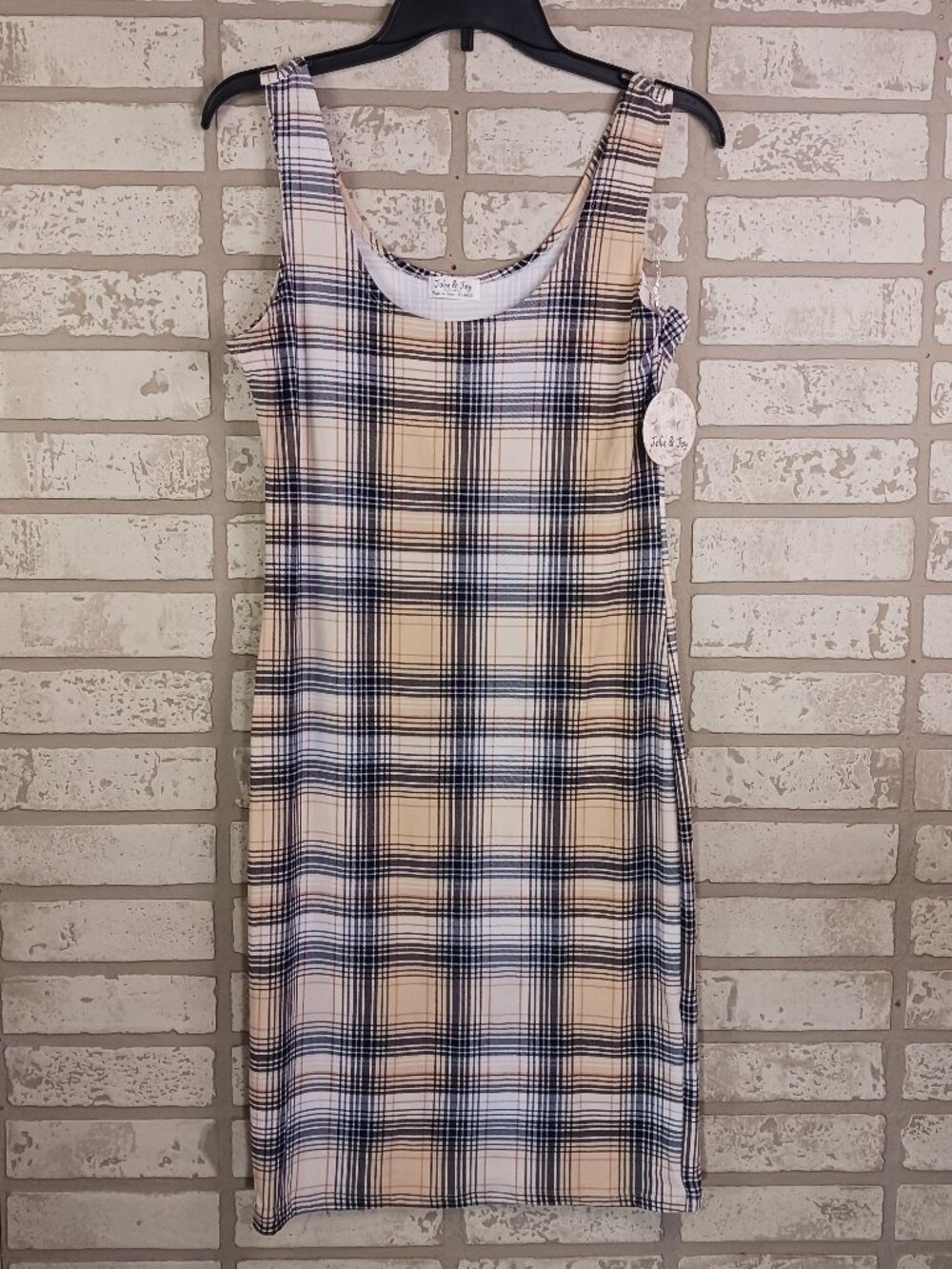 Jolie And Joy Womens XL Dress Midi Plaid Sleeveless Scoop Neck Tan & Cream